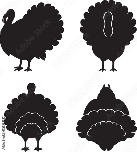 big wild turkey silhouette icons set side, front, back, and top views vector art illustration