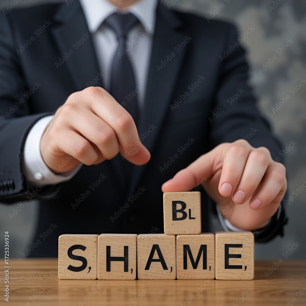 Obraz premium Blame or shame symbol. Businessman turns wooden cubes and changes the word 'shame' to 'blame' or vice versa. Beautiful grey background, copy space. Business, blame or shame concept.