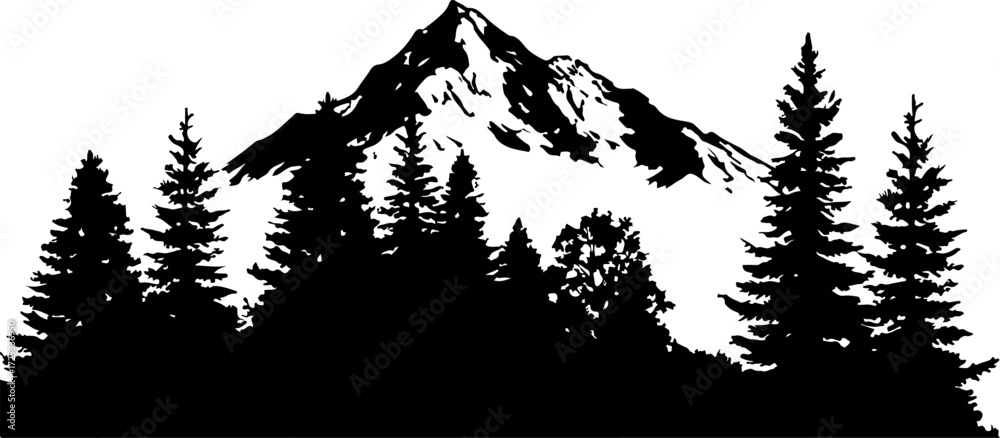Fototapeta premium Back new silhouette of mountain and tree, snow, winter, landscape, nature, mountains, forest, cold, trees, peak, mt, ice, clouds, mount, tree, scenic, fog, alps, glacier, outdoors, travel, panorama, p
