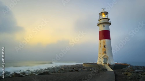 Wallpaper Mural A stunning lighthouse stands on rocky shore against a hazy background. Waves crash gently while the sun sets, creating a peaceful atmosphere at dusk Torontodigital.ca