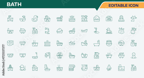 Bath icon set. Collection for mobile and web apps. Included wash room, sanitary, toilet, bath. Pixel perfect. Editable vector. Toilet line icon set.