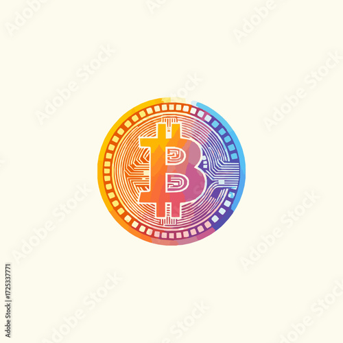 Bitcoin symbol with circuit board pattern and colorful gradient cryptocurrency digital currency
