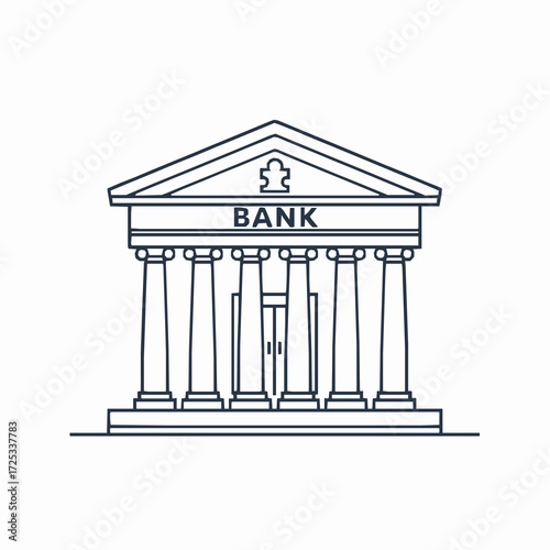 Simple line art bank building with columns and the word B A N K architecture financial