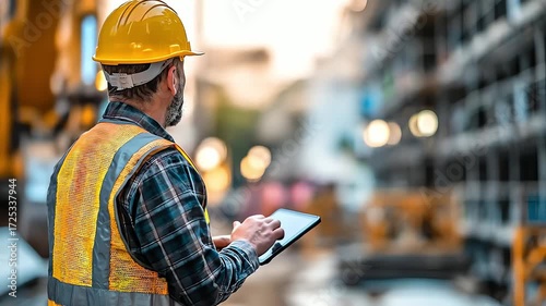 Construction Worker Using Tablet at Building Site for Project Management