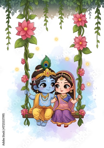 Cute Cartoon Krishna and Radha on Flower Swing — Whimsical Divine Love Illustration