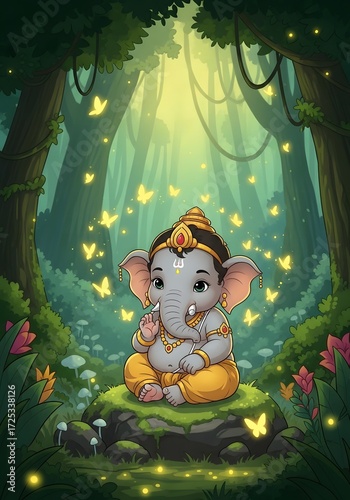 Cute Baby Ganesha Meditating in Enchanted Forest with Fireflies — Whimsical Mythological Scene