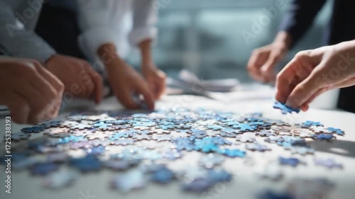 Teamwork in Jigsaw: Collaborative hands work together to piece together a complex jigsaw puzzle, representing problem-solving and shared effort in a business or personal context.