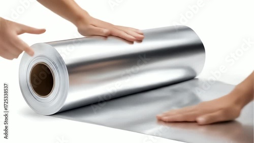 Hands Unrolling Aluminum Foil Roll on White Surface