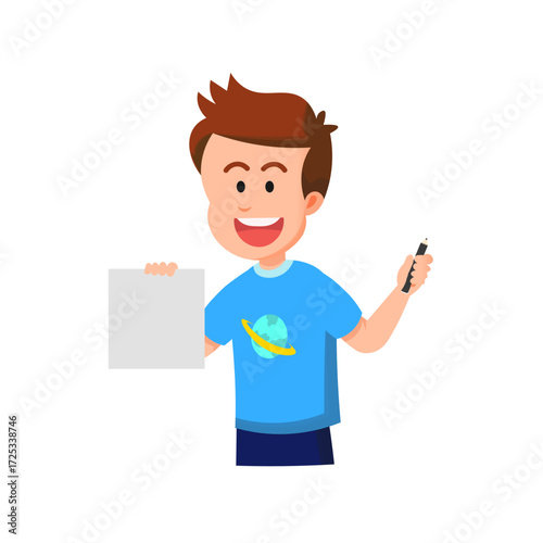 Cute little boy holds a pencil and a blank sheet of paper