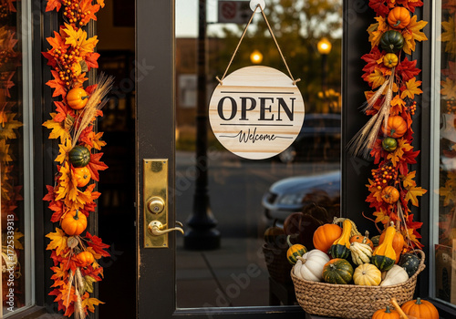 Cozy Glass Door Entrance with Rustic Open Sign and Autumn Decorations for cafés, boutiques, artisan shops, fall festival advertising, fall-themed marketing campaigns, or small business promotions