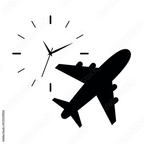 Silhouette airplane with clock symbol illustration representing circadian rhythm and travel health concept. Minimal line art design for jet lag, biological time, sleep cycle and travel wellbeing.