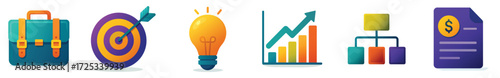 Flat vector business icon set consisting of six modern illustrations. Perfect for representing finance, office work, management, idea, success, and corporate concepts.