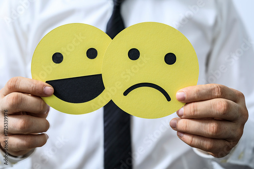 Fotografie Image of a businessman holding both happy and sad face emojis, representing duality and choice