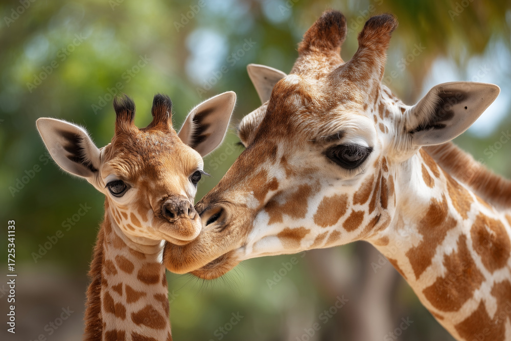 Obraz premium Two giraffes heads, mother and baby playing