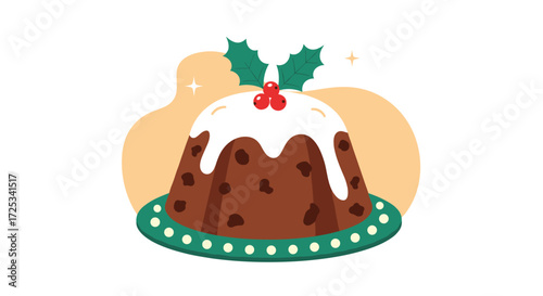 A traditional rich fruit Christmas pudding with white icing and holly decorations.