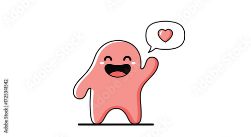A cute pink monster waving and sharing love in a speech bubble.