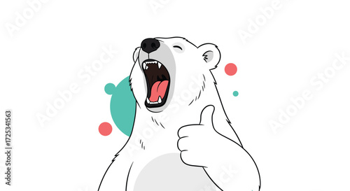 A happy polar bear gives a thumbs up while yawning and surrounded by colorful circles.