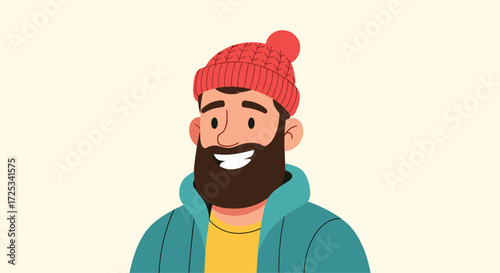 A happy man wearing a red hat and blue jacket smiles broadly.
