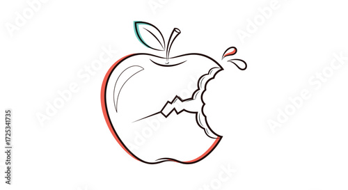 Bitten apple with a leaf and some drops.