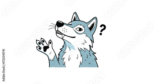 A curious wolf with a raised paw asks a question mark.