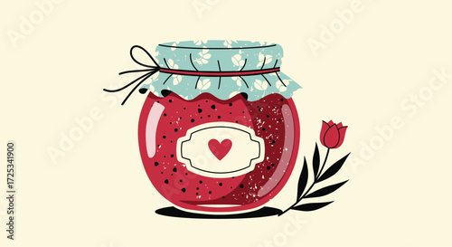 A cute jar of strawberry jam with a heart label and a flower.