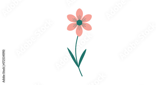 A single delicate pink flower with a green stem and leaves stands tall against a white background.