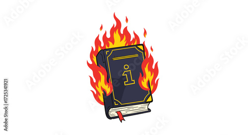 A dark blue book engulfed in bright orange flames representing a fiery inferno.