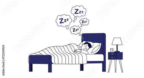 A person sleeping soundly in bed with zzz bubbles above their head.
