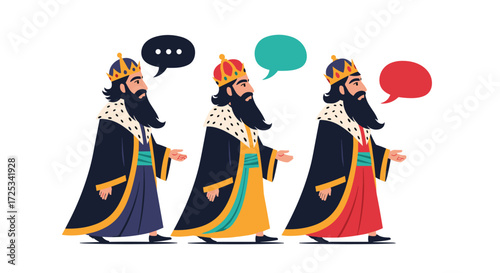 Three kings with beards and crowns walking and talking.