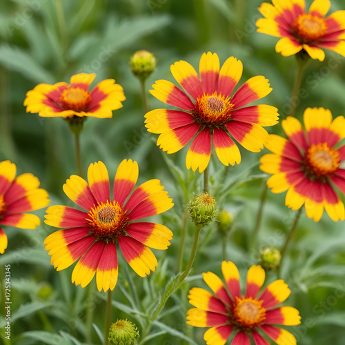 Red and yellow gaillardia flowers in the garden on the bed slightly swaying in the wind. Gaillardia pulchella. Selective focus