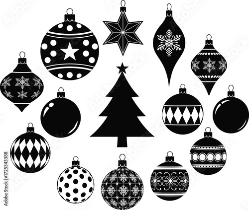 Christmas ornament collection, festive holiday decoration set, black and white vector icons, circular bauble layout, seasonal tree silhouette, editable winter design pack