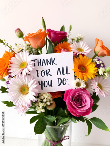 Flowers with card THANK YOU FOR ALL YOU DO -  appreciative way to express gratitude for effort and support  from friends, co-worker colleague or team staff employee - to say thanks for their help