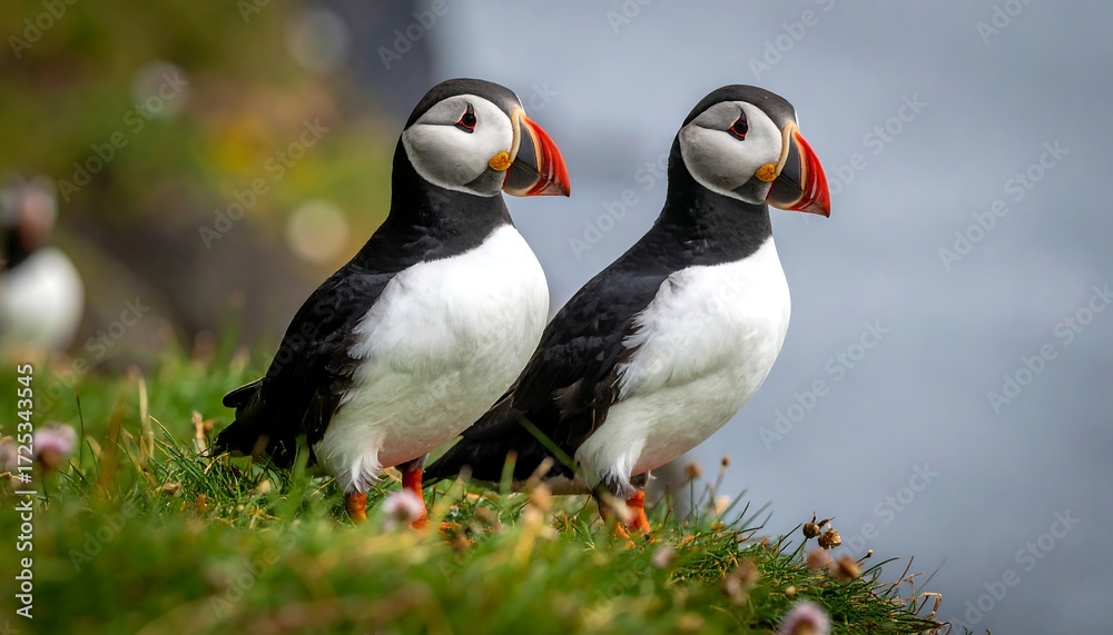 Fototapeta premium Two puffins perched on a grassy cliff