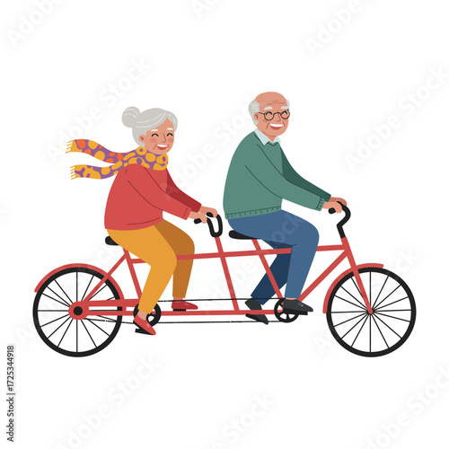 Vector art of elderly couple riding a tandem bicycle