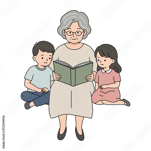 Vector art of grandmother reading a book to her grandchildren