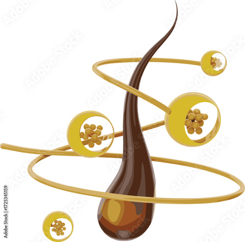 Hair strand nourishment, golden rings, molecular care concept, cosmetic science, healthy hair structure, beauty treatment, follicle protection, energy particles, shine, vitality, root focus