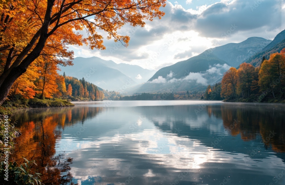 Fototapeta premium Autumn landscape with calm lake reflecting colorful trees and mountain scenery