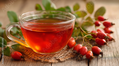 Glass cup of rosehip tea on wooden surface, fresh rose hips nearby. Symbolizes autumn health, vitamin C boost, natural remedies, delicious wellness.

