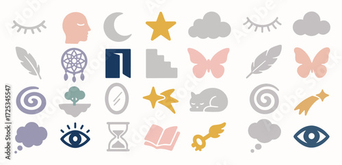 Dream and Imagination Symbols Set Eye Stars Feathers Butterflies