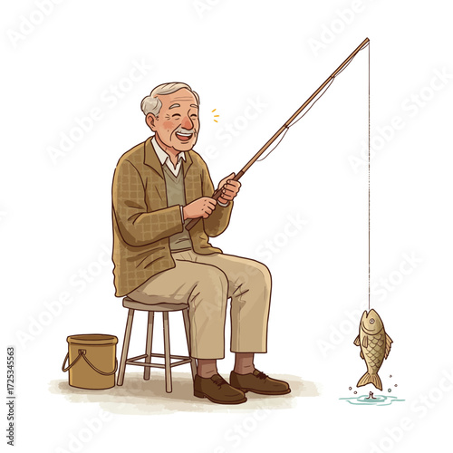 Vector art of elderly man fishing with a bucket and a caught fish