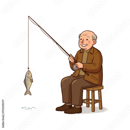 Vector art of elderly man fishing with a caught fish