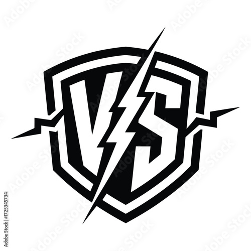 Black and white versus logo with a lightning bolt splitting the letters on a shield background design