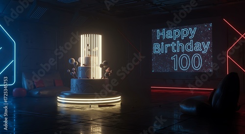 A birthday cake with Happy Birthday 100 on a screen in a dark room.