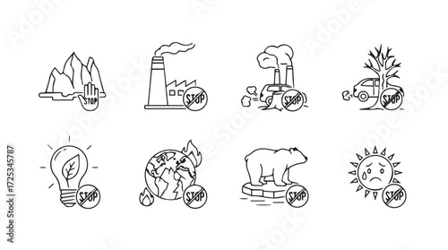 Hand drawn eco icons representing climate change pollution renewable energy and conservation efforts vector