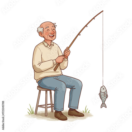 Vector art of elderly man happily fishing on a stool with a rod and a fish nearby