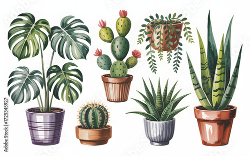 Collection of Potted Plants Watercolor Illustration featuring Monstera, Cactus, Snake Plant, and Aloe Vera for Home Decor and Botanical Designs