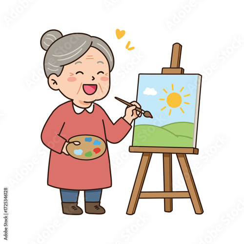 Vector art of elderly woman happily painting a landscape on an easel