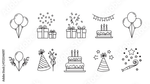 Birthday celebration elements hand drawn sketch collection balloons gifts cake hats confetti party icons vector