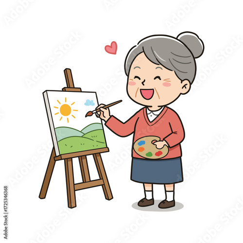 Vector art of elderly woman happily painting a landscape on an easel