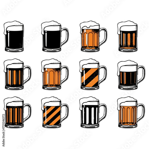 Collection of twelve different beer mugs with frothy foam and various designs.